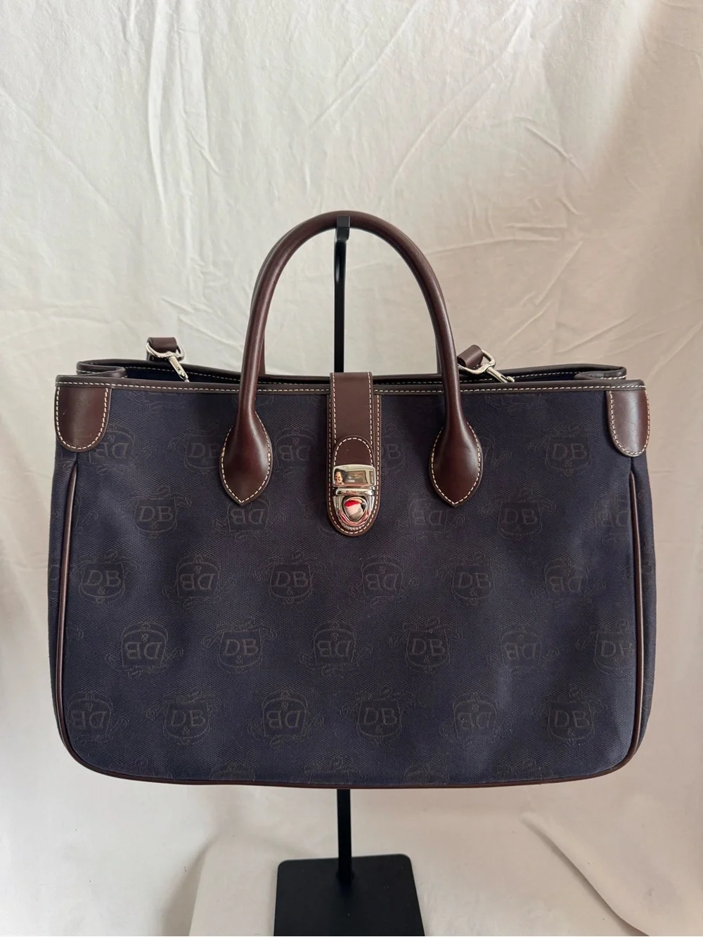 Dooney & Bourke Monogram Canvas Double Handle Tote Bag Navy Blue Brown Leather